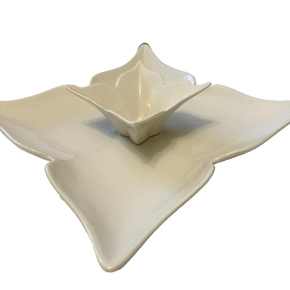 Godinger Fiori Collection White Porcelain Lotus Serving Platter Dip Bowl Set